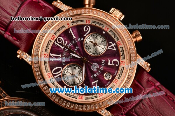 Franck Muller Freedom Chrono Miyota OS20 Quartz Rose Gold Case with Burgundy Dial Diamonds Bezel and White Markers - 7750 Coating - Click Image to Close